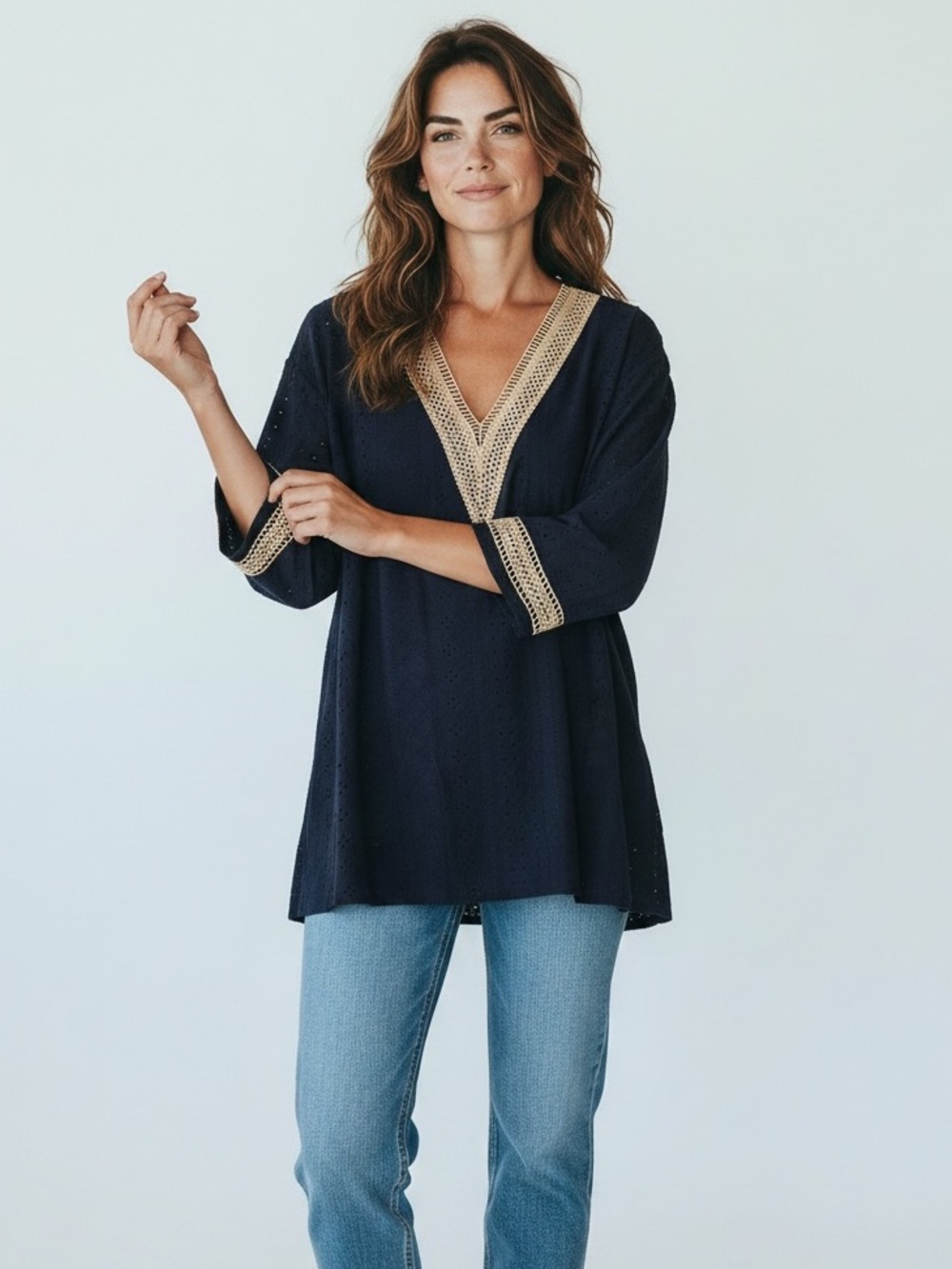 Lioffer Navy Blue Eyelet Lace Trim Tunic Cover-Up Top XL NWT